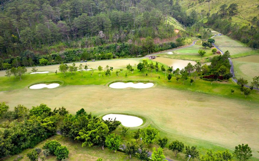 Aerial view of a golf course surrounded by trees