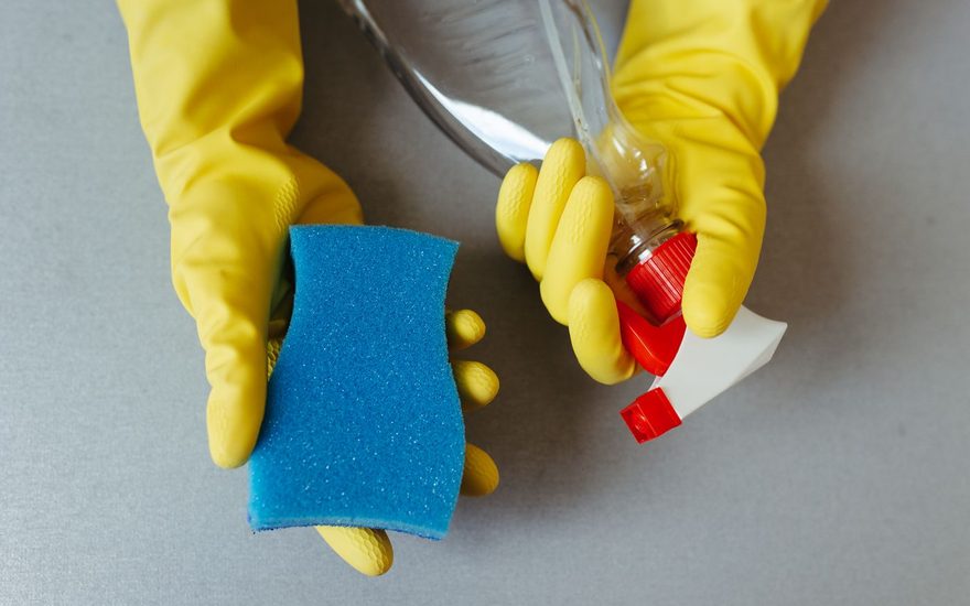 Gloved hands holding a sponge and spray bottle