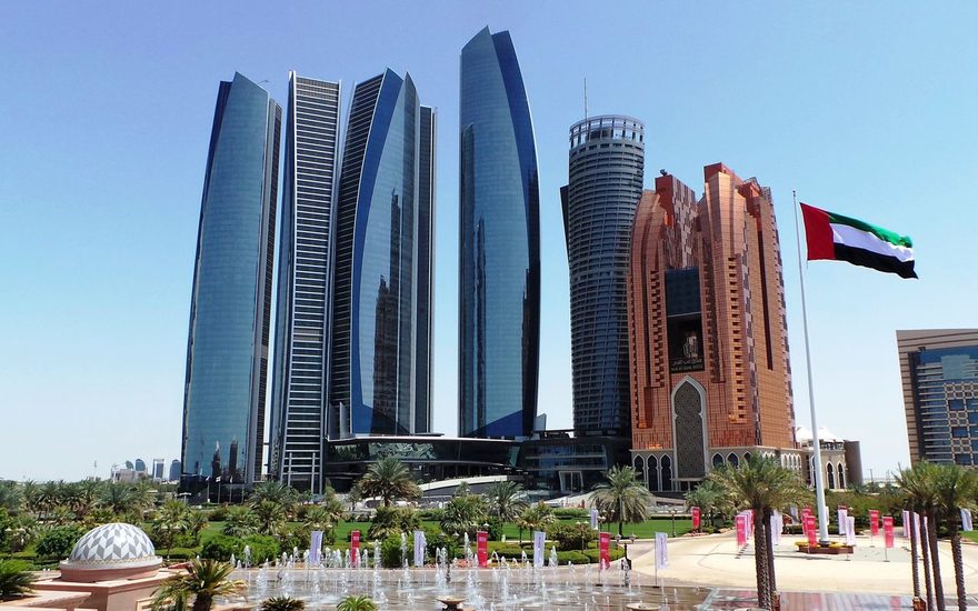 Etihad Towers and the UAE flag on the Abu Dhabi Corniche