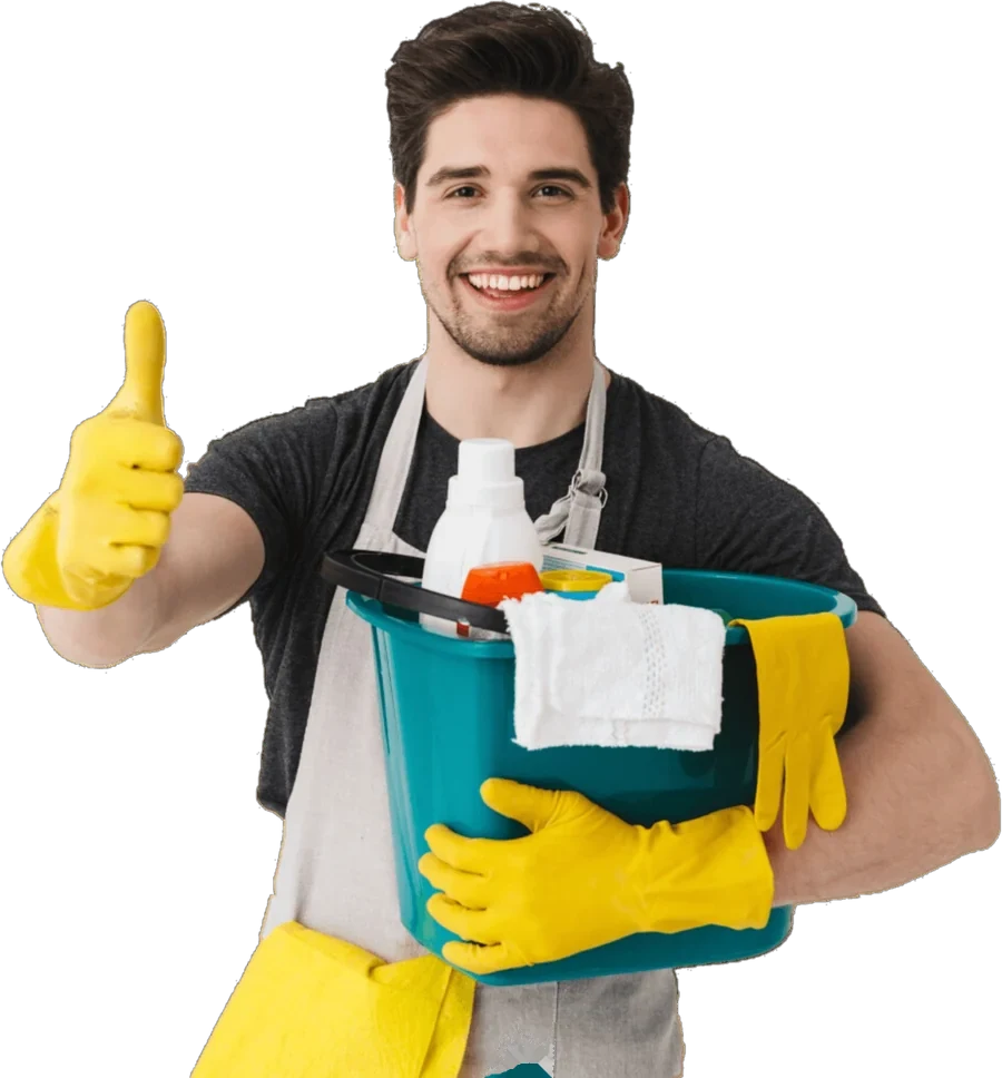 Top Touch cleaner holding a bucket of cleaning supplies