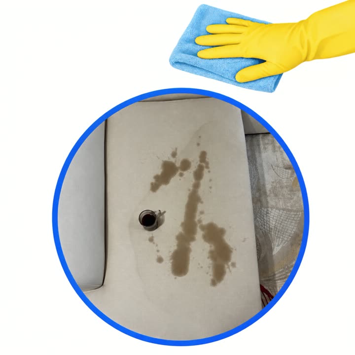A gloved hand wipes a stained sofa cushion clean